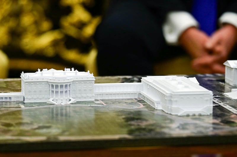The model of the planned expansion of the White House is seen during a meeting between US president Donald Trump and Nato secretary general Mark Rutte in the Oval Office. Photograph: Getty          