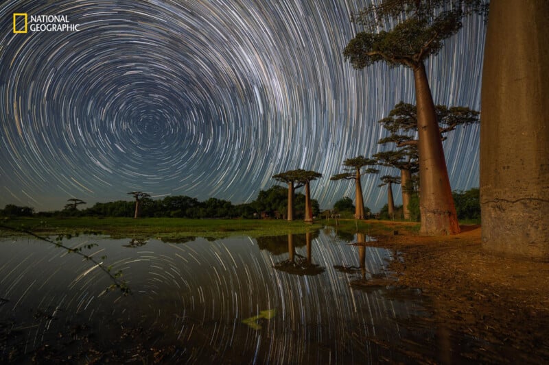 Star trails swirl above towering baobab trees reflected in a calm body of water at night, creating a mesmerizing circular pattern in the sky; a National Geographic logo appears in the top left corner.