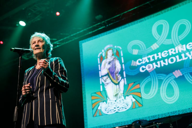 Independent Presidential candidate Catherine Connolly hosted a 'Ceol for Connolly' evening in Vicar Street, Dublin, on Monday. The event featured acts such Christy Moore and The Mary Wallopers. Photograph: Dan Dennison/The Irish Times