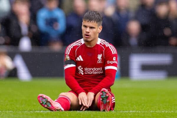LIVERPOOL, ENGLAND - Saturday, September 20, 2025: Liverpool's Milos Kerkez on the floor following a foul during the FA Premier League match between Liverpool FC and Everton FC at Anfield. The 247th Merseyside Derby. (Photo by David Rawcliffe/Propaganda)