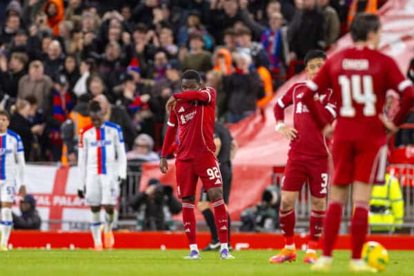 LIVERPOOL, ENGLAND - Wednesday, October 29, 2025: Liverpool's Wellity Lucky reacts to his side's conceding the third goal during the Football League Cup 4th Round match between Liverpool FC and Crystal Palace FC at Anfield. (Photo by David Rawcliffe/Propaganda)