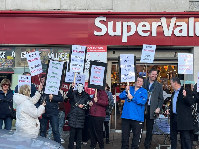 Locals, politicians and traders protested against planned public realm improvements in Deansgrange, Co Dublin, on Tuesday evening. Photograph: Tim O'Brien