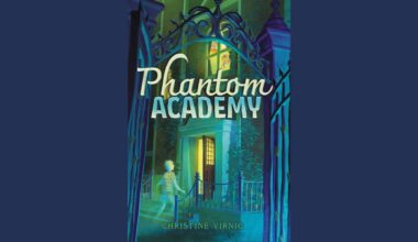 Illustrated book cover for Phantom Academy by Christine Virnic, showing a ghostly figure entering an ornate gate toward a lit building at night.