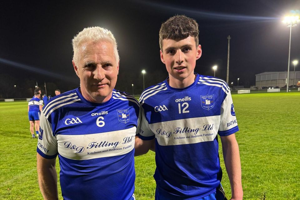 Rathcoffey’s evergreen veteran, Seán Moriarty, pictured with his son Tom after the two featured in a league match for their club earlier this year.