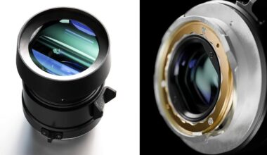 Side-by-side close-up photos of a camera lens. The left image shows the front glass element and barrel against a white background. The right image shows the metallic lens mount and rear glass element on a black background.