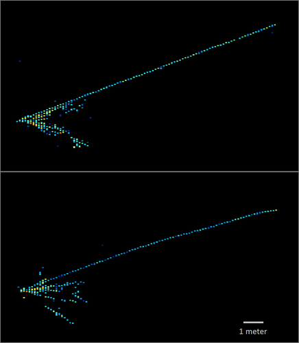 Computer readouts that look like left-facing chevrons of bright pixels.
