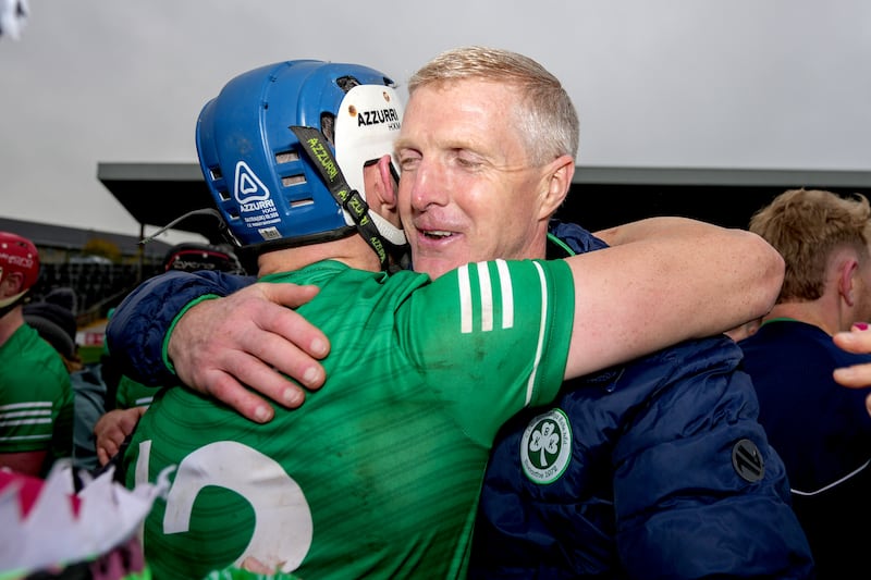 TJ Reid celebrates with Henry Shefflin after the game. Photograph: James Lawlor/Inpho