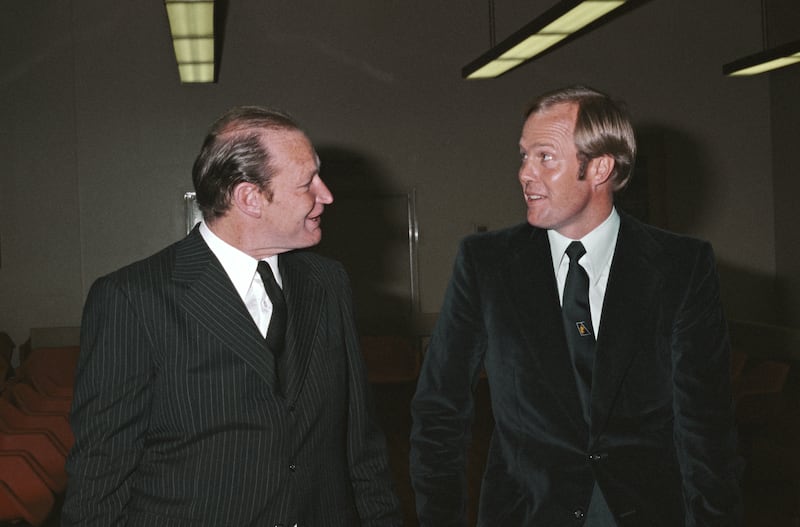 World Series Cricket founder Kerry Packer (left) with England player Tony Greig in 1979.  Photograph: Allsport/Getty Images