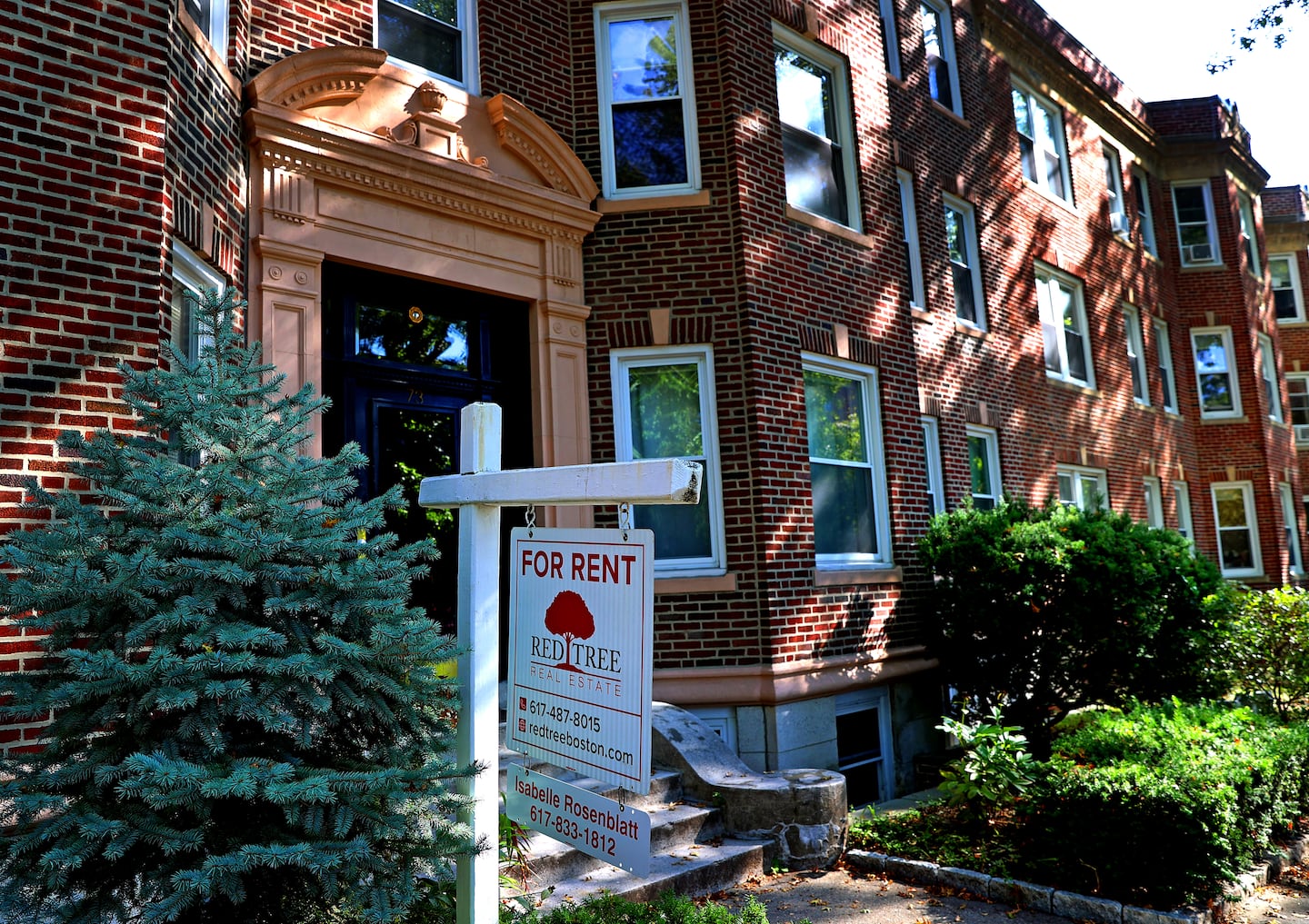 A "for rent" sign seen at a Brookline apartment building in September. 