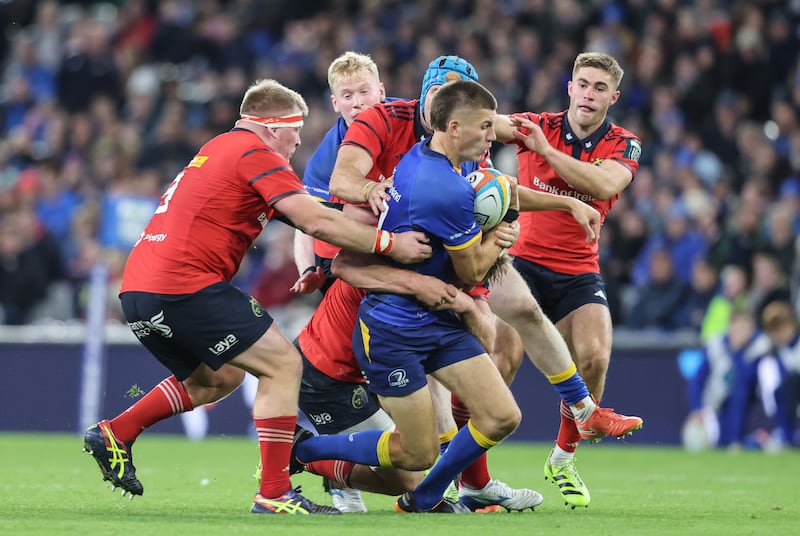 Leinster outhalf Sam Prendergast is tackled during the match at Croke Park. Photograph: Dan Sheridan/Inpho