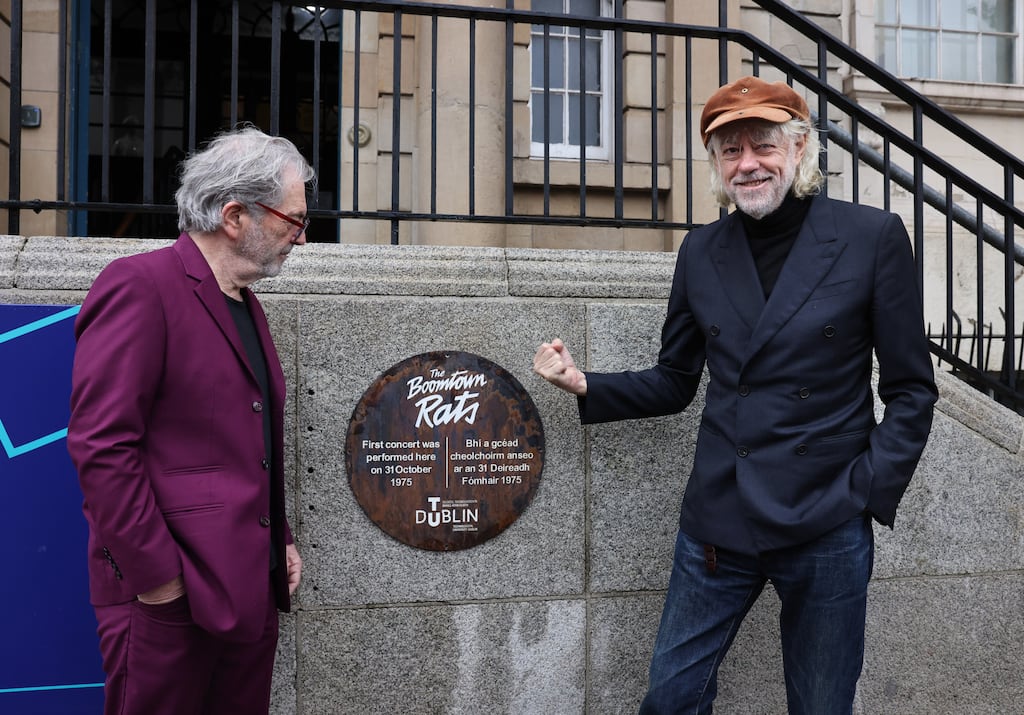 Bob Geldof and Pete Briquette of The Boomtown Rats unveil a plaque to mark the band’s first ever concert on October 31st, 1975, at what is now TU Dublin, at Bolton Street, Dublin. Photograph: Dara Mac Dónaill
