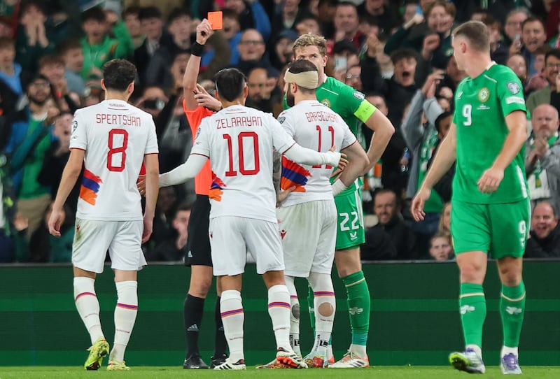 The turning point in Tuesday's Ireland-Armenia match. Photograph: Ryan Byrne/Inpho