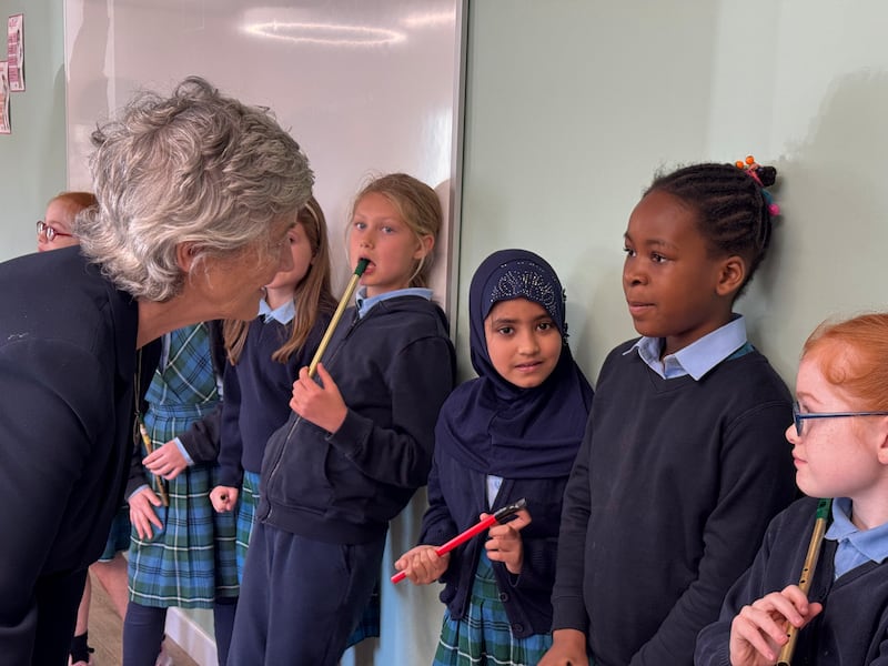 Presidential candidate Catherine Connolly during a visit to St Anne's National School in Castlerea, Co Roscommon on Thursday. Photograph: Bairbre Holmes/PA Wire