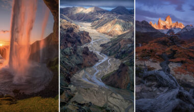 A triptych of landscapes: a waterfall at sunset, a winding river through colorful mountains, and a mountain peak with autumn trees at dusk.