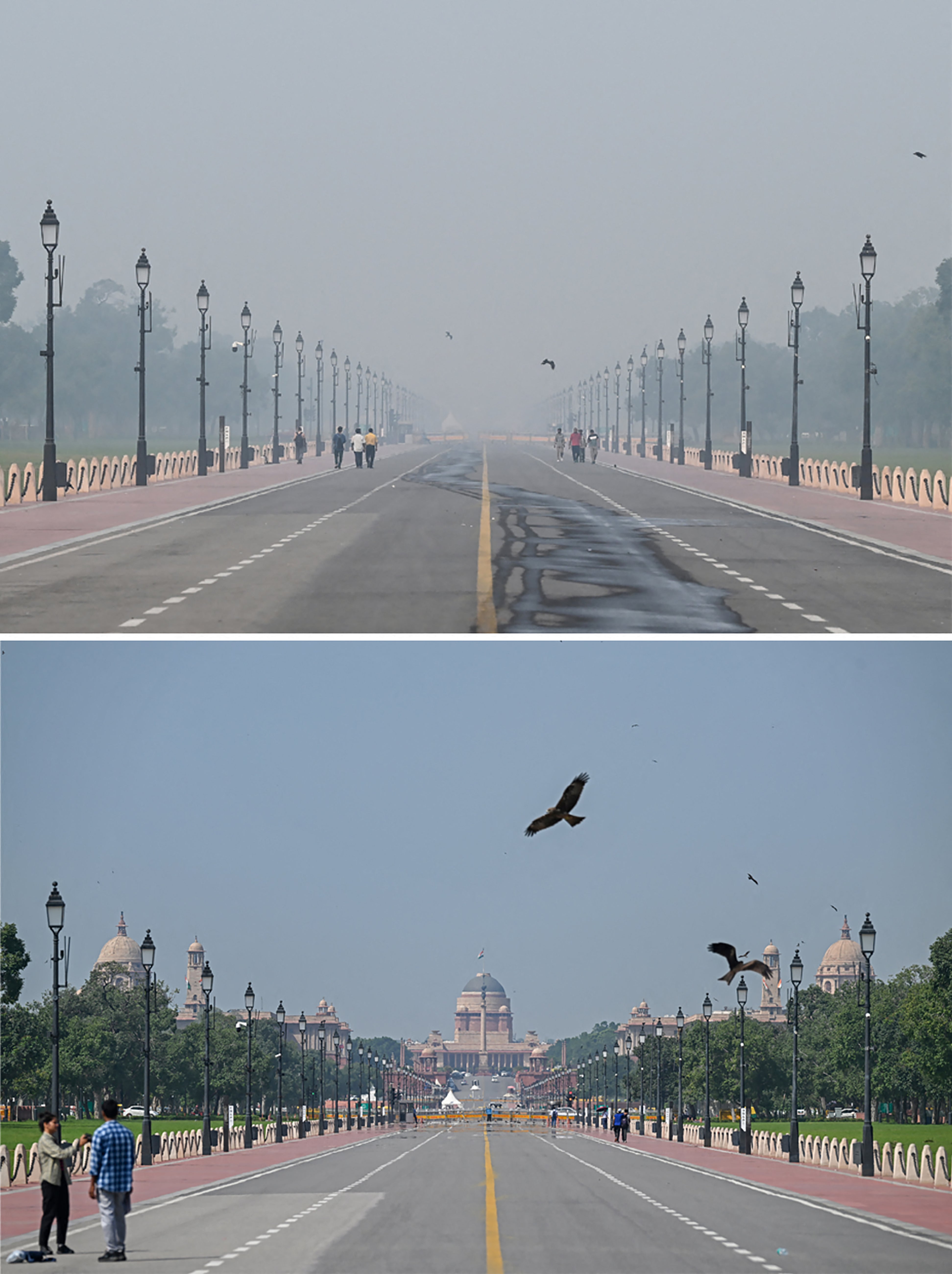 Pedestrians walk through thick smog near the presidential palace in Delhi on 22 October, above, and 9 October