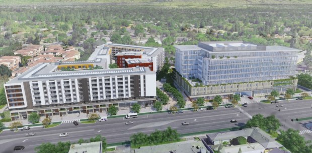 South Bascom Gateway Station, a mixed-use residential and office development at 1410 South Bascom Avenue in San Jose, concept. The housing development is visible to the left and the offices are visible to the right.(WRNS Studio)