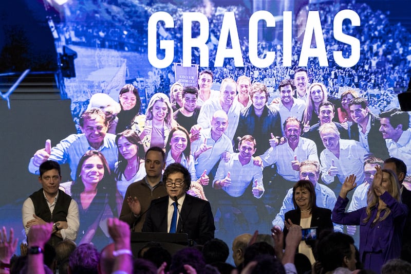 Javier Milei, Argentina's president (centre, left), speaks during a Libertad Avanza election night rally in Buenos Aires, Argentina. Photograph: Anita Pouchard Serra/Bloomberg