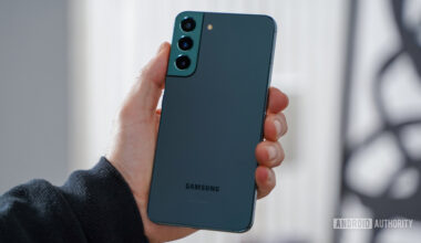 Samsung Galaxy S22 Plus angled in hand rear panel