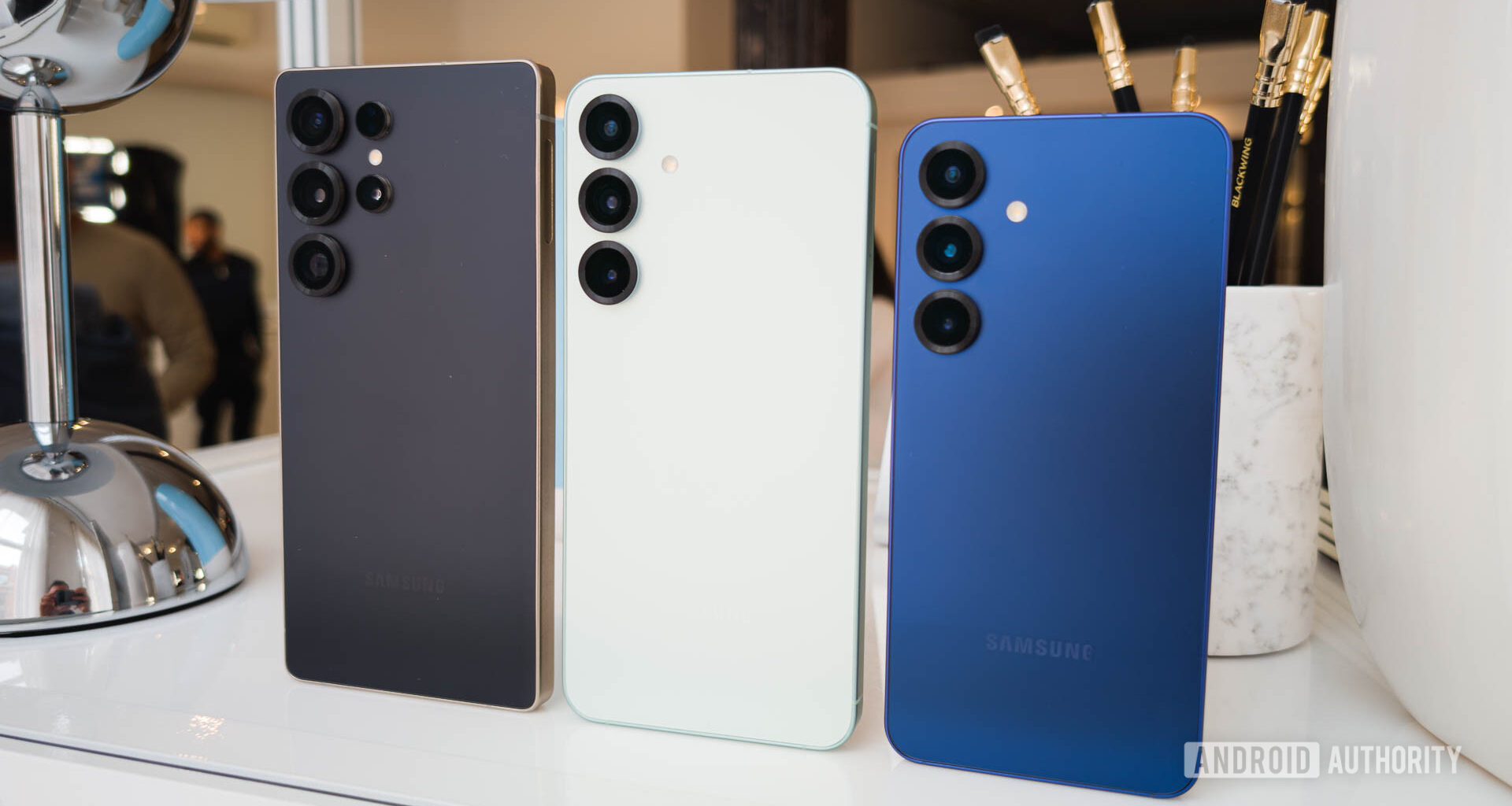 Samsung Galaxy S25 series next to each other
