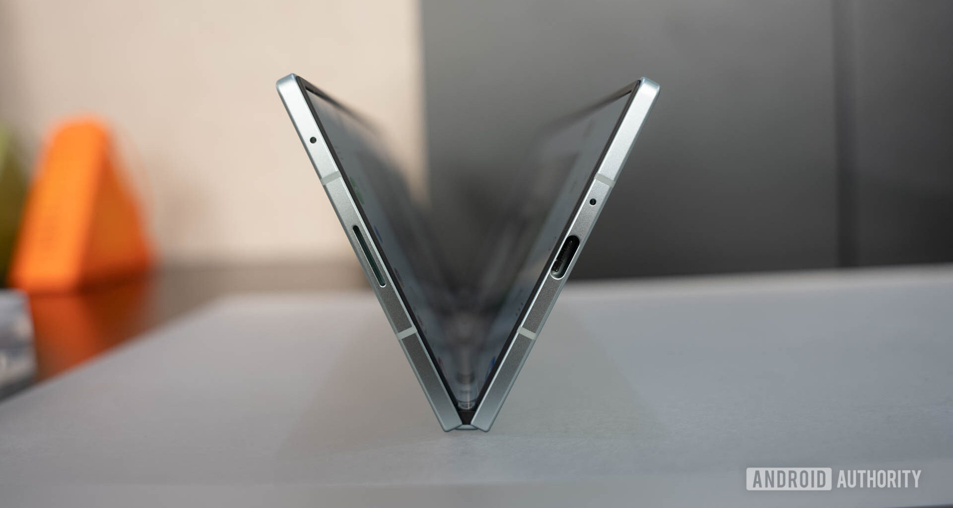 Samsung Galaxy Z Fold 7 in Mint standing on table in a V formation