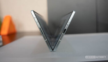 Samsung Galaxy Z Fold 7 in Mint standing on table in a V formation
