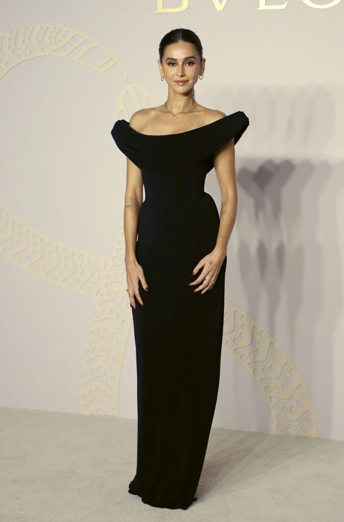 Shibani Dandekar Wore Raisa Vanessa To The Bvlgari Serpenti Infinito Exhibition, Raisa Vanessa, Bvlgari Serpenti Infinito, silk tulle gown, Greco-Roman fashion, Mumbai red carpet, Bvlgari brand ambassador