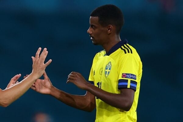SEVILLE, SPAIN - JUNE 14: Viktor Claesson of Sweden replaces team mates Alexander Isak during the UEFA Euro 2020 Championship Group E match between Spain and Sweden at the La Cartuja Stadium on June 14, 2021 in Seville, Spain. (Photo by Fran Santiago - UEFA)