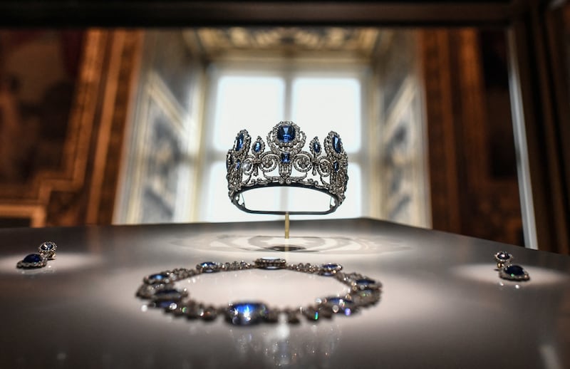 A set of jewelry displayed at the Louvre which was stolen on Sunday morning. Photograph:  Stephane de Sakutin/AFP via Getty Images          