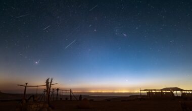 shooting stars are pictured streaking through a starry night sky above a desert. A well and wooden swing set is visible in the foreground, and a glow can be seen creeping into the horizon from a settlement bordering the far side of a lake.
