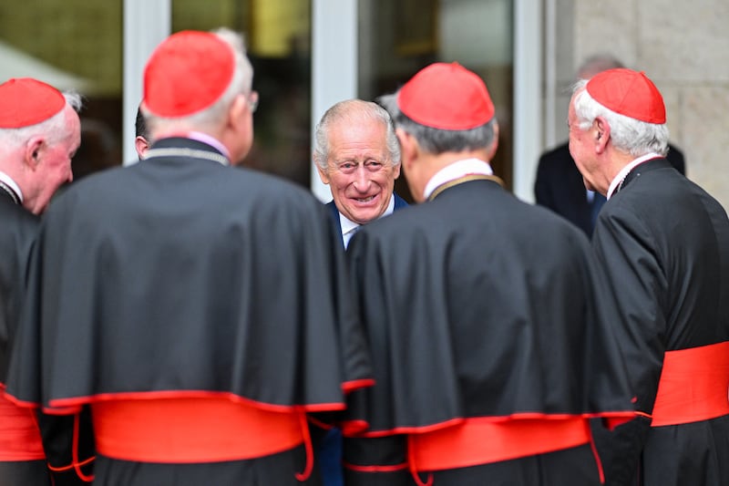 Britain's King Charles  greets cardinals  at the Pontifical Beda College in Rome. Photograph: /AFP via Getty Images         