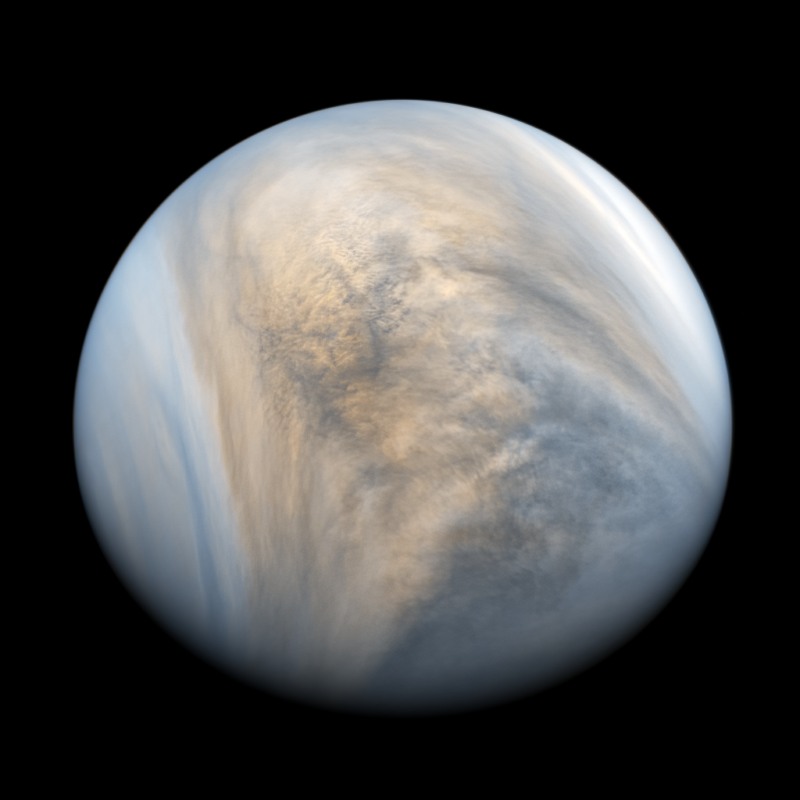Planet banded with turbulent blue, white, and tan clouds, on black background.