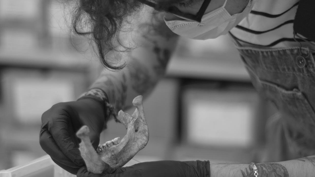 black-and-white image of a person handling a human jaw carefully while gloved