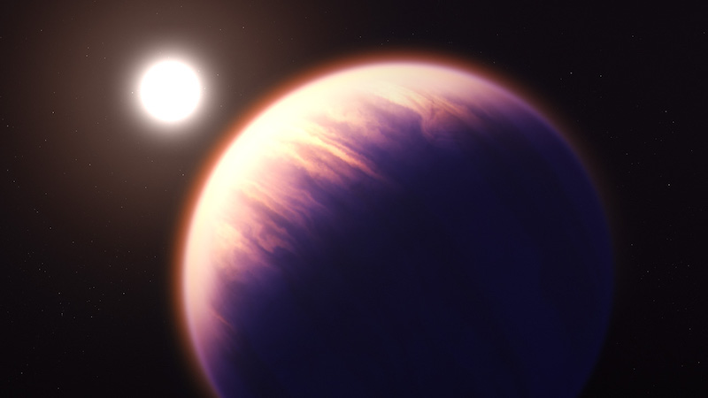 Volcanic exomoon: Large planet with banded, cloudy atmosphere and bright sun in distance.