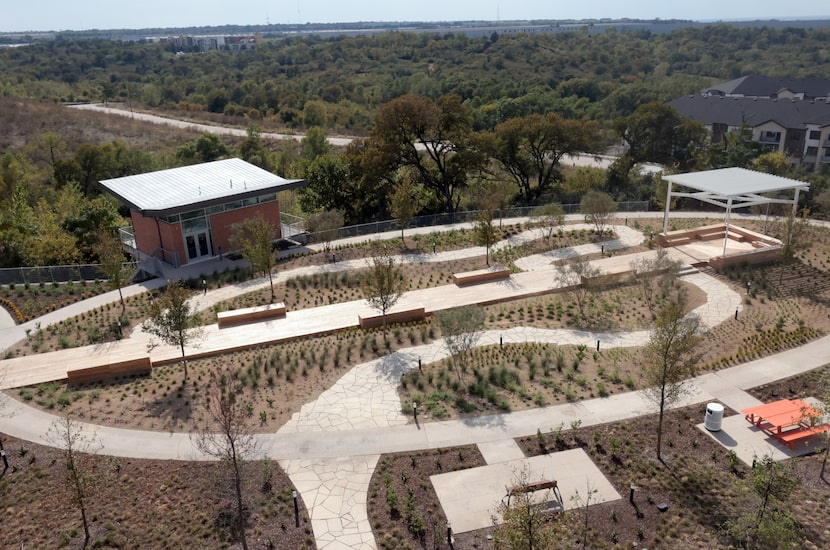 An aerial view shows the design detail of an outdoor serenity space at the new Metrocare...