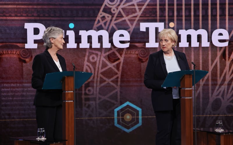 Catherine Connolly and Heather Humphreys on the set of Prime Time in RTÉ for last night’s televised presidential election debate. Photograph: Bryan O’Brien/The Irish Times