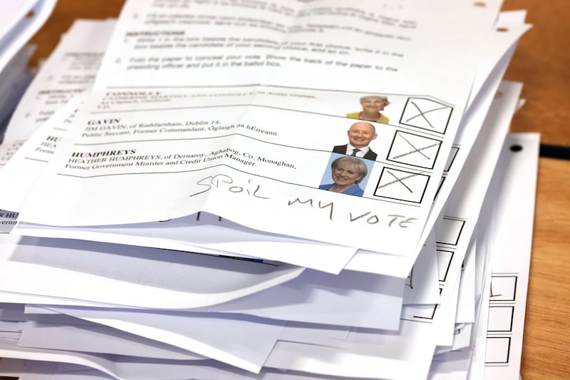 Spoiled votes from the Dublin South West count centre as the first boxes are being opened for counting of presidential votes at Dublins RDS count centre. Photograph: Alan Betson

