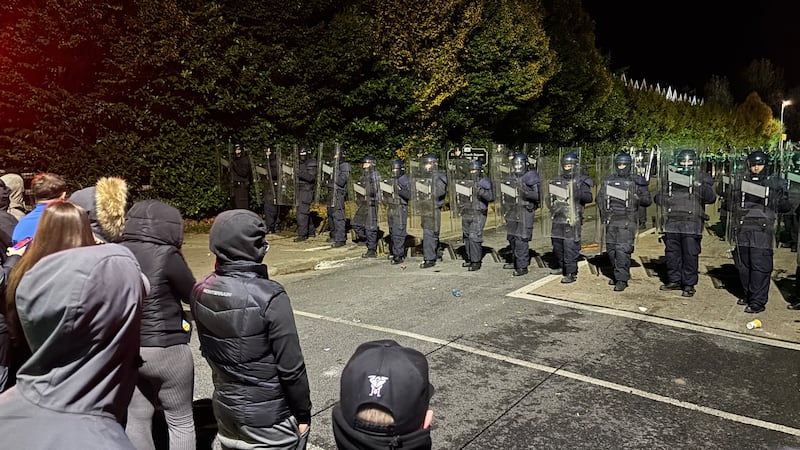 Gardaí block protesters near the Citywest Hotel in Saggart, after disturbances flared outside the Dublin hotel, which is used to house asylum seekers. Photograph: Niall Carson/PA Wire