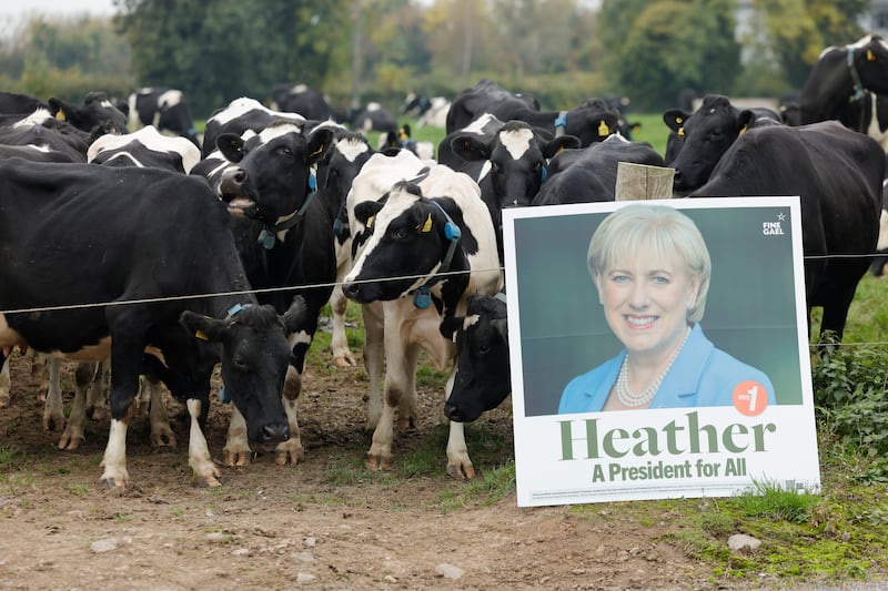 16/10/2025  - Signage for Heather Humphreys, Presidential Candidate during  a visit to the farm of  Eddie Downey, Former IFA President at Monknewtown, Slane. Photograph: Alan Betson / The Irish Times