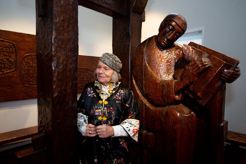 Stuart photographed with her sculpture, Pangur Bán, in 2020. Photograph: Tom Honan 