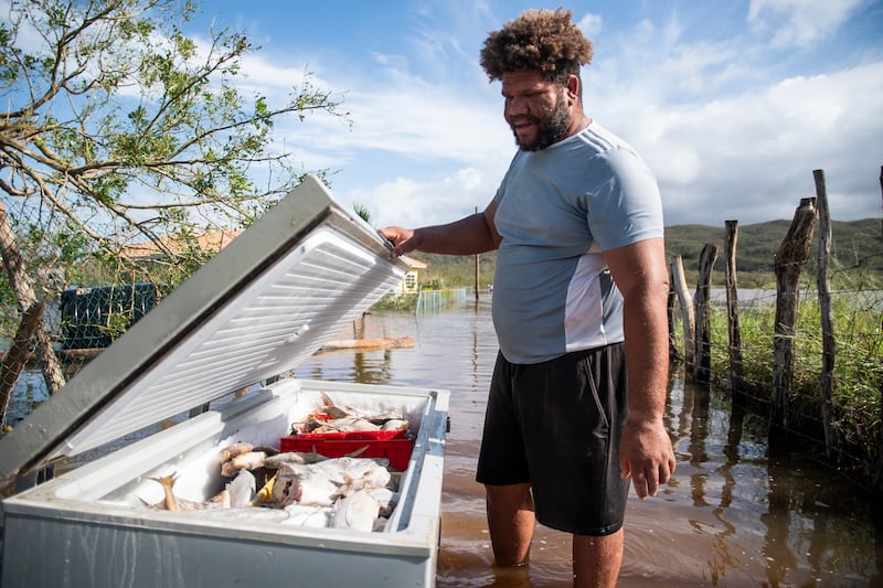 A fisherman with his freezer of fish, which he was moving following Hurricane Melissa in the Treasure Beach area of Jamaica, on Wednesday. Photograph: Abbie Townsend/The New York Times
                      