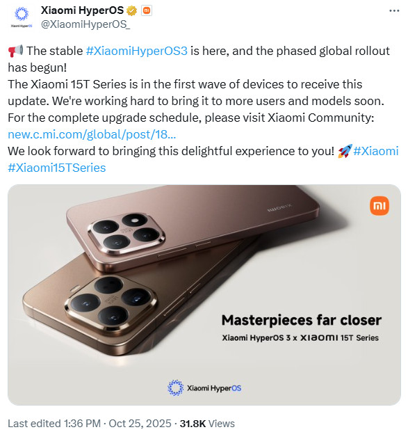 Xiaomi HyperOS 3 rollout announcement twitter Xiaomi HyperOS 3 rollout announcement twitter