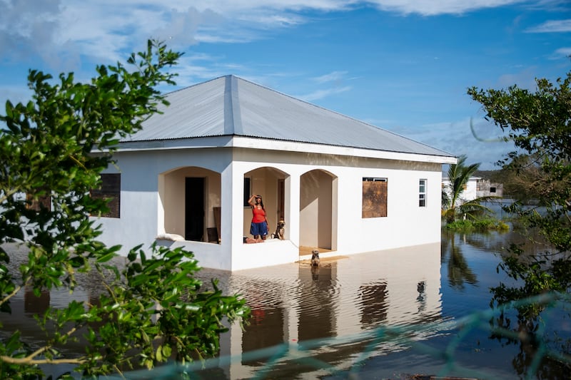 Lorraine Smith stands on her porch in Great Bay with her dogs amid flooding following Hurricane Melissa in the Treasure Beach area of Jamaica, on Wednesday. Photograph: Abbie Townsend/The New York Times
                      