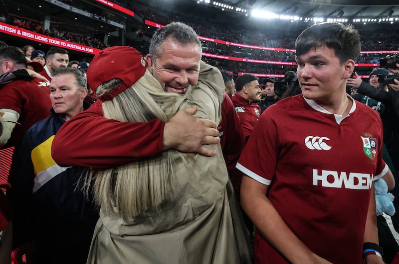 Lions head coach Andy Farrell celebrates with his wife Colleen Farrell after victory in the second Test against Australia on July 26th in Melbourne. Photograph: Billy Stickland/Inpho