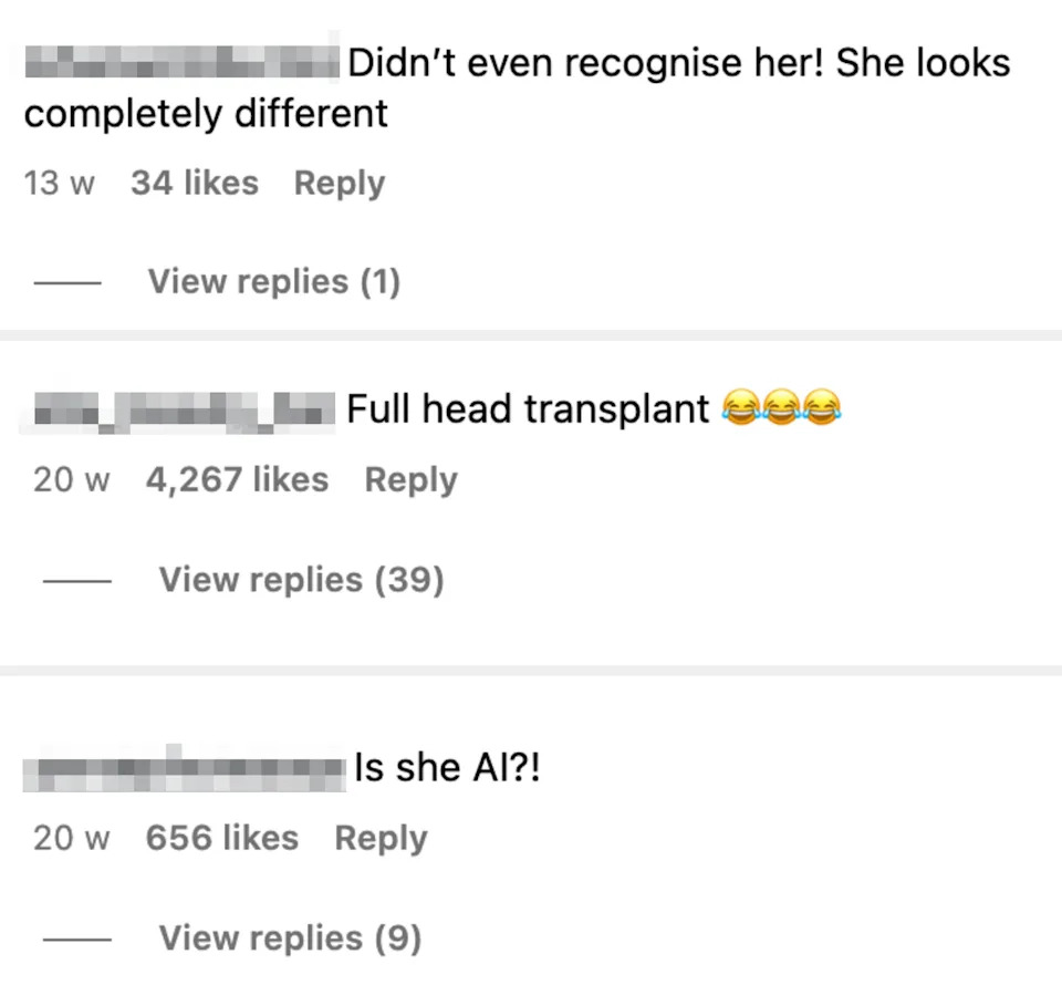 Social media comments saying Kelly looks very different and unrecognizable