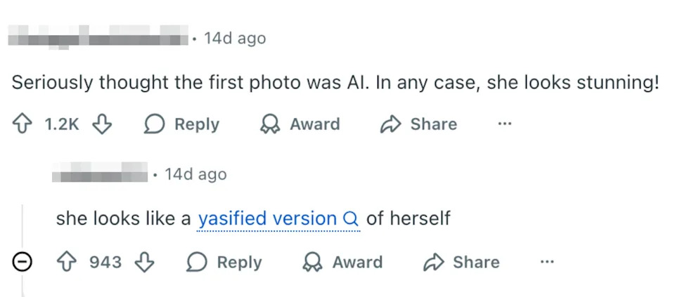 Social media comments discussing a woman's appearance, with one mentioning AI and another describing her as a "yasified version" of herself