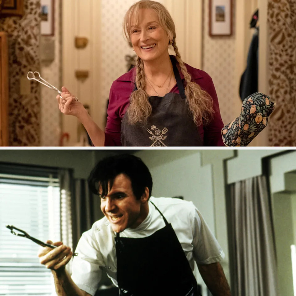Meryl Streep and Daniel Day-Lewis in separate scenes from different movies, both dressed in aprons, holding kitchen utensils, and appearing to be cooking