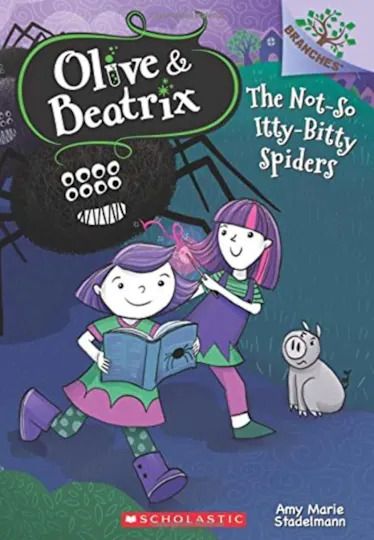 Two girls with purple hair, a pig, and a large spider on a book cover titled 