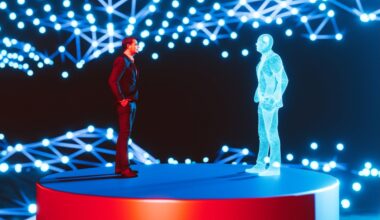 Man standing on a red platform, facing a holographic digital twin of himself. The background features a network of interconnected blue lights, creating a futuristic and high-tech atmosphere. The scene represents concepts of digital twins, virtual reality, and advanced technology.