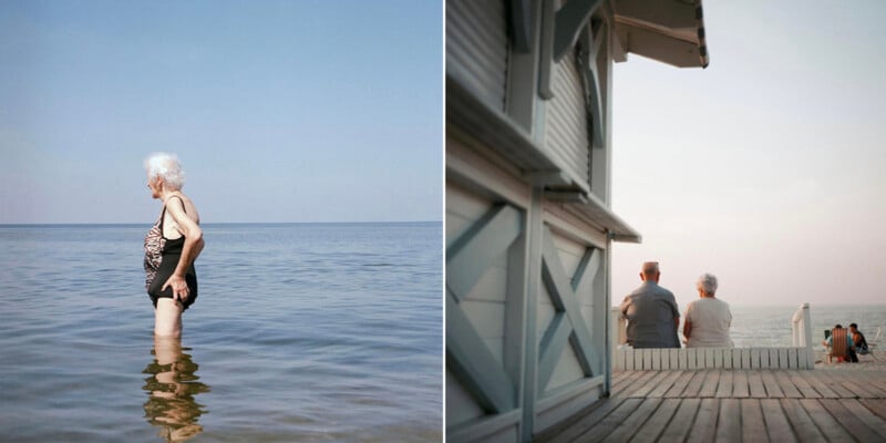 Left: An elderly woman stands in shallow ocean water, gazing at the horizon. Right: Two elderly people sit side by side on a bench near a beach hut, looking out at the sea.