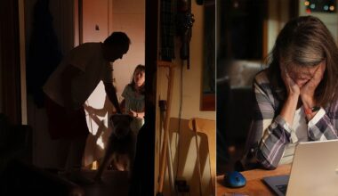 A dimly lit home scene split in two: on the left, a man and a woman greet a dog at the door; on the right, the woman sits at a table, looking down with her head in her hand beside an open laptop.